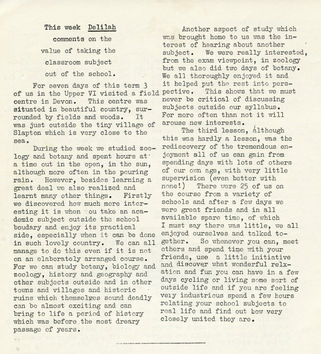 Article from 'Vox', school magazine of Eltham Green School, May 1961 (DC/BAR)