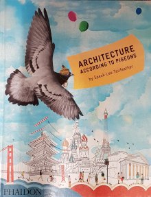 Book cover: painting of pigeon flying above landmarks of cities.