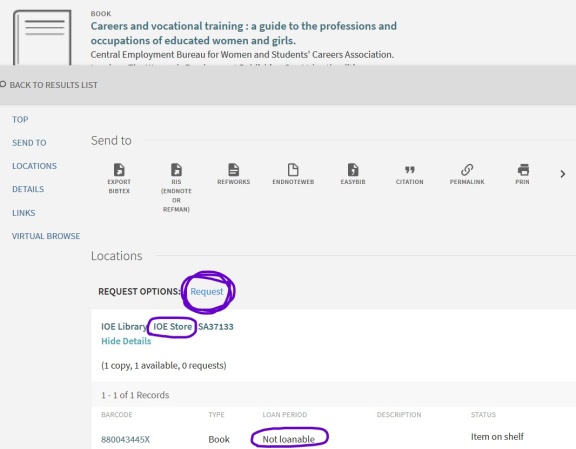 Screenshot of UCL Explore, demonstrating request from stores.