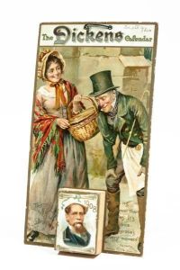 Dickens calendar for 1908, with paintings of woman in bonnet and man in top hat and Dickens.